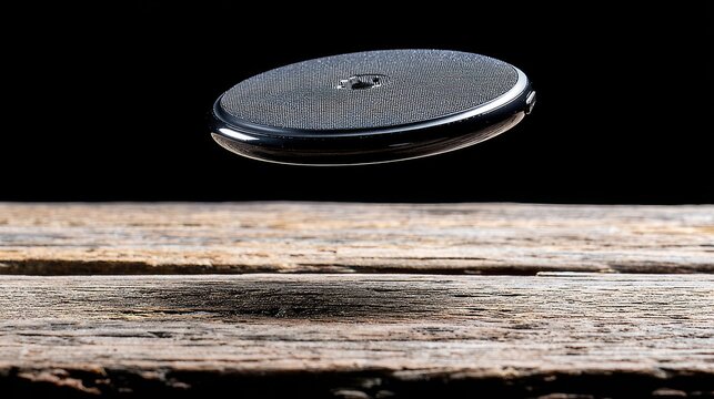 Dark gray circular object hovering above weathered wooden planks