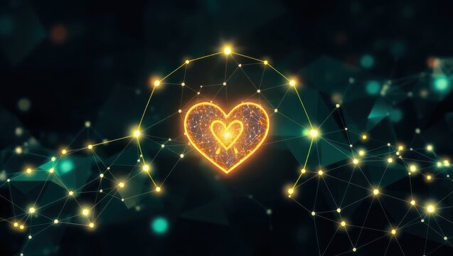 digital heart with interconnected glowing nodes depicting love and technology