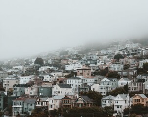Foggy Hillside Houses A Densely Populated Residential Area