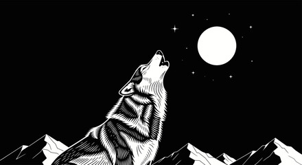 Majestic wolf howling at the moonlit night amidst rugged mountain peaks drawing style illustration