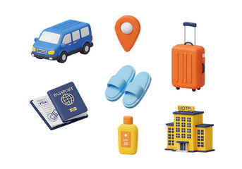 3d icon of travel and vacation icons including car, passport, suitcase, and hotel isolated on transparent background