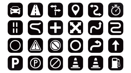 Essential road navigation signs for safe travel, driving directions, and route finding in a modern style