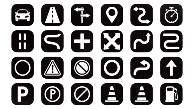 Essential road navigation signs for safe travel, driving directions, and route finding in a modern style