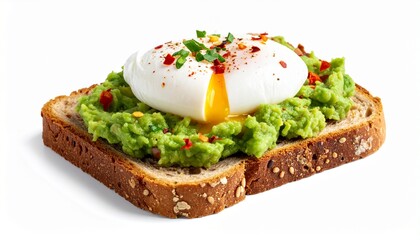 Avocado Toast with Poached Egg and Spices, White Background.