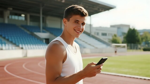 Athlete using smartphone on a track field