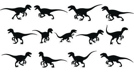 Velociraptor Set Silhouette Vector Illustration , Dinosaur Silhouette Set Collection Vector