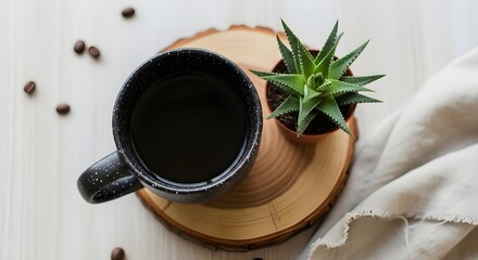 Overhead View of Coffee in Speckled black Mug with Succulent