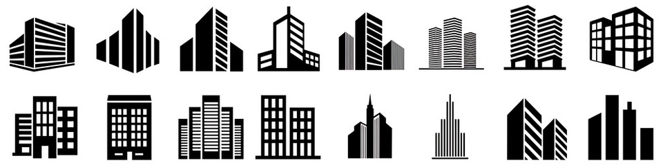 Collection of stylized architectural icons representing diverse building designs for urban environments and cityscapes	