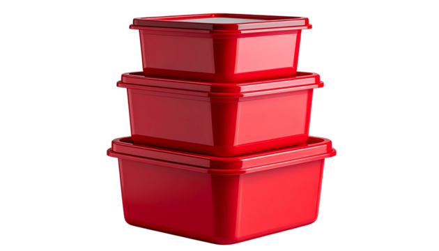  Three red stacked plastic food storage containers lid set home neat isolated on transparent background 