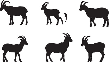 Obraz premium Collection of six black silhouette ibex mountain goats standing in different poses isolated