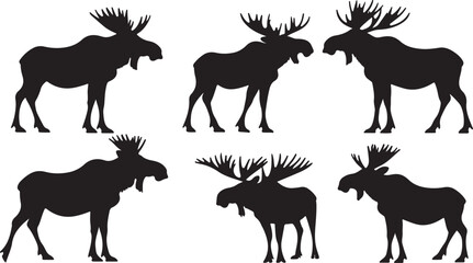 Obraz premium Collection of six black silhouette moose with large antlers standing in various poses on white background