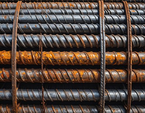 Close-Up View of Steel Rebars Stacked in Construction Site Patterns