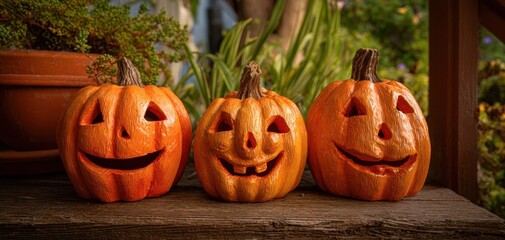 Obraz premium The Jack-o'-lantern Trio on a Rustic Porch Surrounded by Autumn Foliage