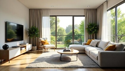 Fototapeta premium Cozy and bright living room interior with large windows, comfortable sofa, and stylish decor Perfect for relaxation and entertainment , coffee table, light