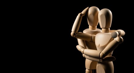 Two wooden figures embracing in dramatic studio light