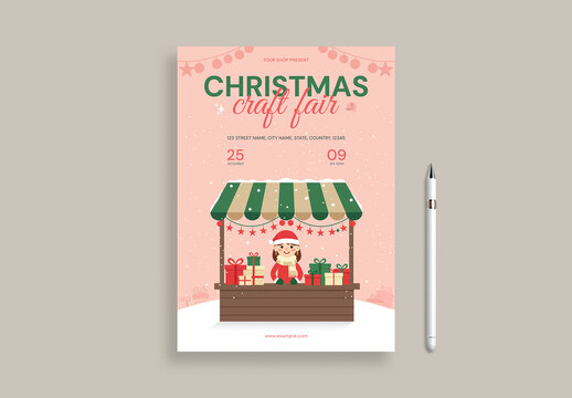 Christmas Craft Fair Flyer Template with Santa Girl Stall and Gifts