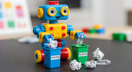A colorful toy robot sorts crumpled paper into recycling bins.
