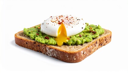 Avocado toast with a poached egg and runny yolk, seasoned with spices and isolated on a white background.