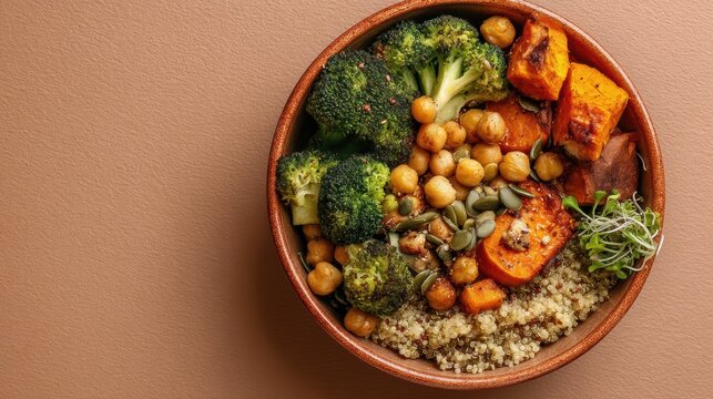 Hearty vegan Buddha bowl with quinoa, roasted sweet potatoes, chickpeas, and broccoli in terracotta bowl, plant-based meal for fitness apps, recipe books, and healthy brands
