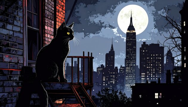 Naklejki Black cat on rooftop, NYC cityscape at night