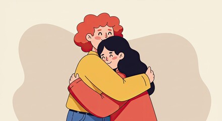 Two Women Hugging with Happy Smiles in Cartoon Style Vector Art