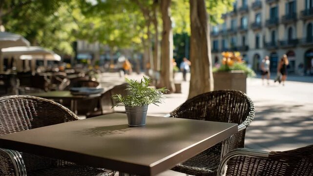 A table with two chairs and a potted plant on it. Close up empty chairs and tables in outdoor cafe La Rambla Barcelona with heat haze, documentary muted Spain heatwave