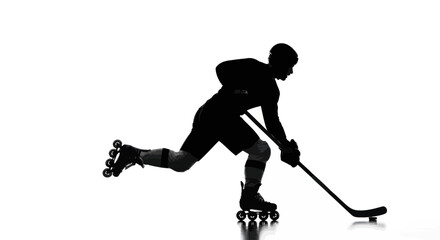 Obraz premium Silhouette of inline hockey player in motion striving for sporting excellence skill and agility on