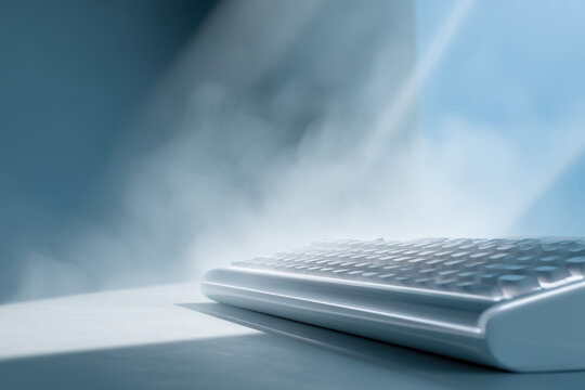 futuristic keyboard immersed in ultrabright light with floating ai autocorrect symbols and words