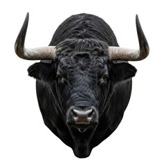 Naklejka premium Majestic ancient wild bull's head, charcoal black shaggy coat, gnarled horns, frontal close-up on a transparent studio background, concept of untamed ancient power