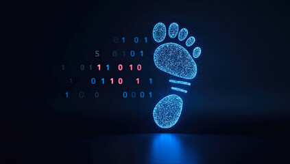 Glowing Footprint with Numbers and Blue Light on Dark Floor