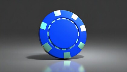 A glossy, vibrant blue casino chip on a grey surface