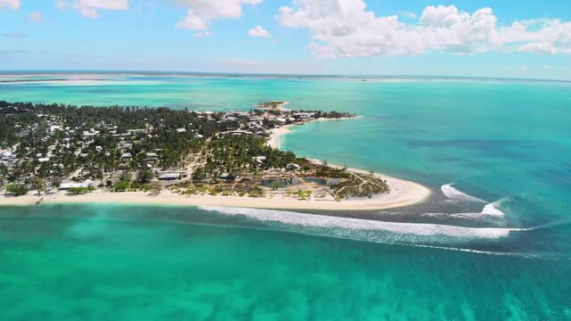 Aerial shot approaching the tropical atoll of Kiritimati AKA Christmas Island in Kiribati