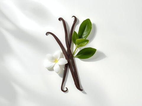 Vanilla beans with orchid flower and green leaves, top view, isolated on white for baking and branding.