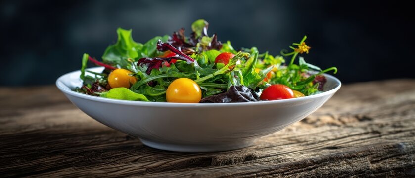 The salad bowl with mixed greens cherry tomatoes and fresh herbs on rustic wood table