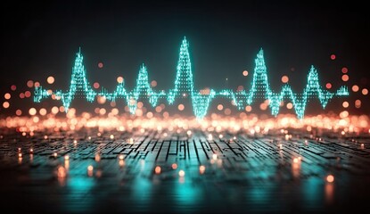 Teal digital waveform over a dark, glowing surface