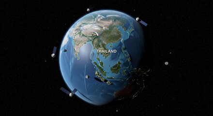 Fototapeta premium Earth with satellite from space, with city lights illuminating with text Thailand and Southeast Asia.