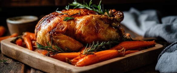 The Roast Chicken with Glazed Carrots on a Rustic Wooden Serving Board