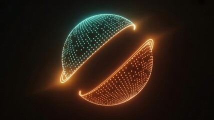 Two hemispheres with glowing dots, one cyan and one orange, face each other in a black space. The image is a graphic resource for the Adobe Stock service.