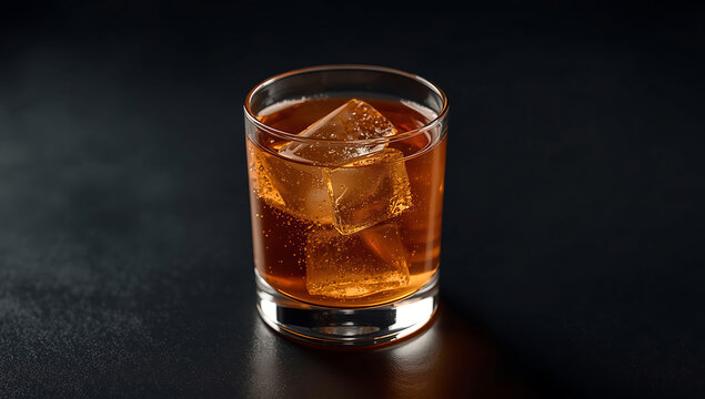 Professional photo of a basic alcohol cocktail in a glass for 3D game design, without ice, captured with shallow depth of field and high-contrast warm lighting. The cocktail is placed centrally  