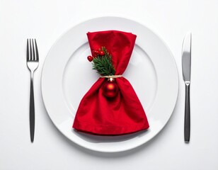Minimal Christmas Table Setting with Plate, Red Napkin, and Ornament