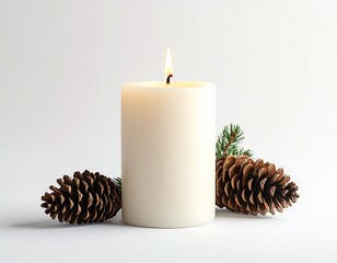 Christmas Candle with Pine Cones – Minimal Holiday Decoration on White Background