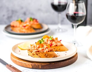 Salmon spread on toasted bread with wine
