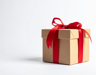 Christmas Gift Box with Red Ribbon – Minimal Holiday Present on White Background