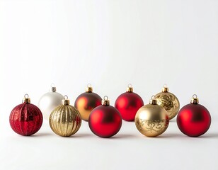 Minimal Christmas Ornaments on White Background – Red and Gold Baubles, Holiday Decoration