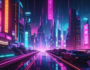 Fototapeta premium Futuristic Cityscape with Neon Lights and Rainy Atmosphere