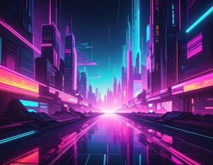 Futuristic Cityscape with Neon Lights and Vibrant Colors at Dusk