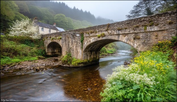 Misty valley scene with stone bridge over flowing river