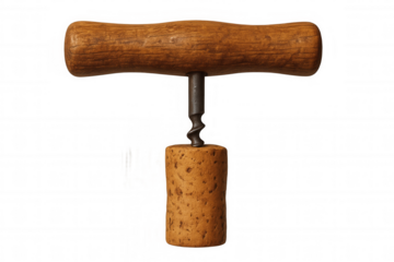 Vintage corkscrew piercing a wine cork, isolated on transparent background, ready for easy integration into designs