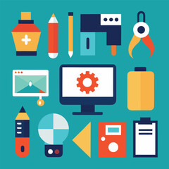 A collection of flat design icons representing various tools and equipment used for creative work and technology including a computer monitor with a gear graphic and a sewing machine
