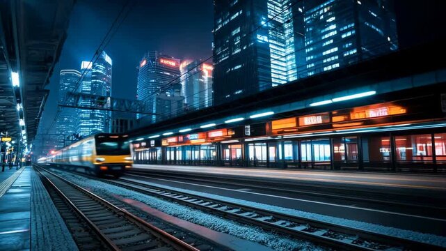 The image depicts a night scene at a railway station in the city.A railway platform with people is depicted in the foreground. One train is approaching the station, and the other is already passing by